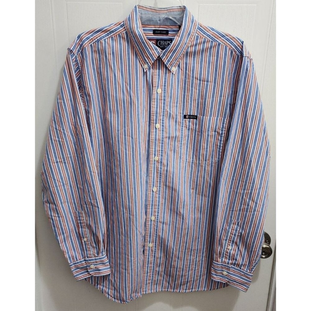 CHAPS Easy Care Long Sleeve Button Down Orange Blue Striped Collared Shirt Sz L